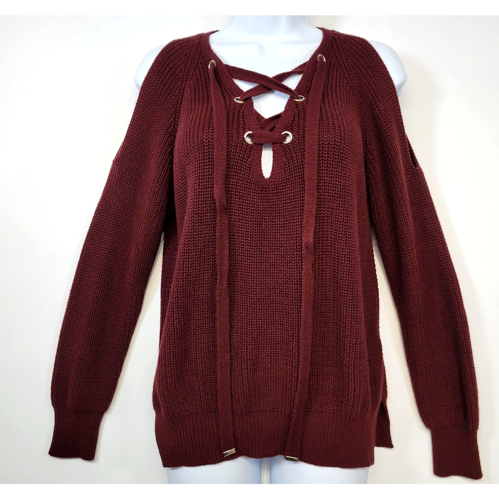 Judy Blue Cozy Knit Sweater Womens Medium Burgundy Cold Shoulder Lace Up Muse